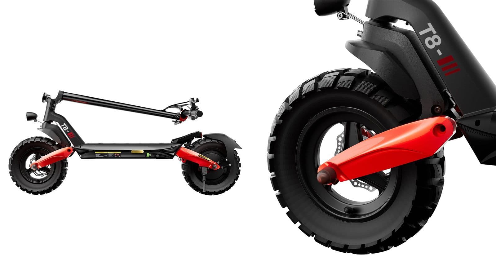 Az iHoverboard T8 elektromos roller oldalról és az elülső terepgumi közelről