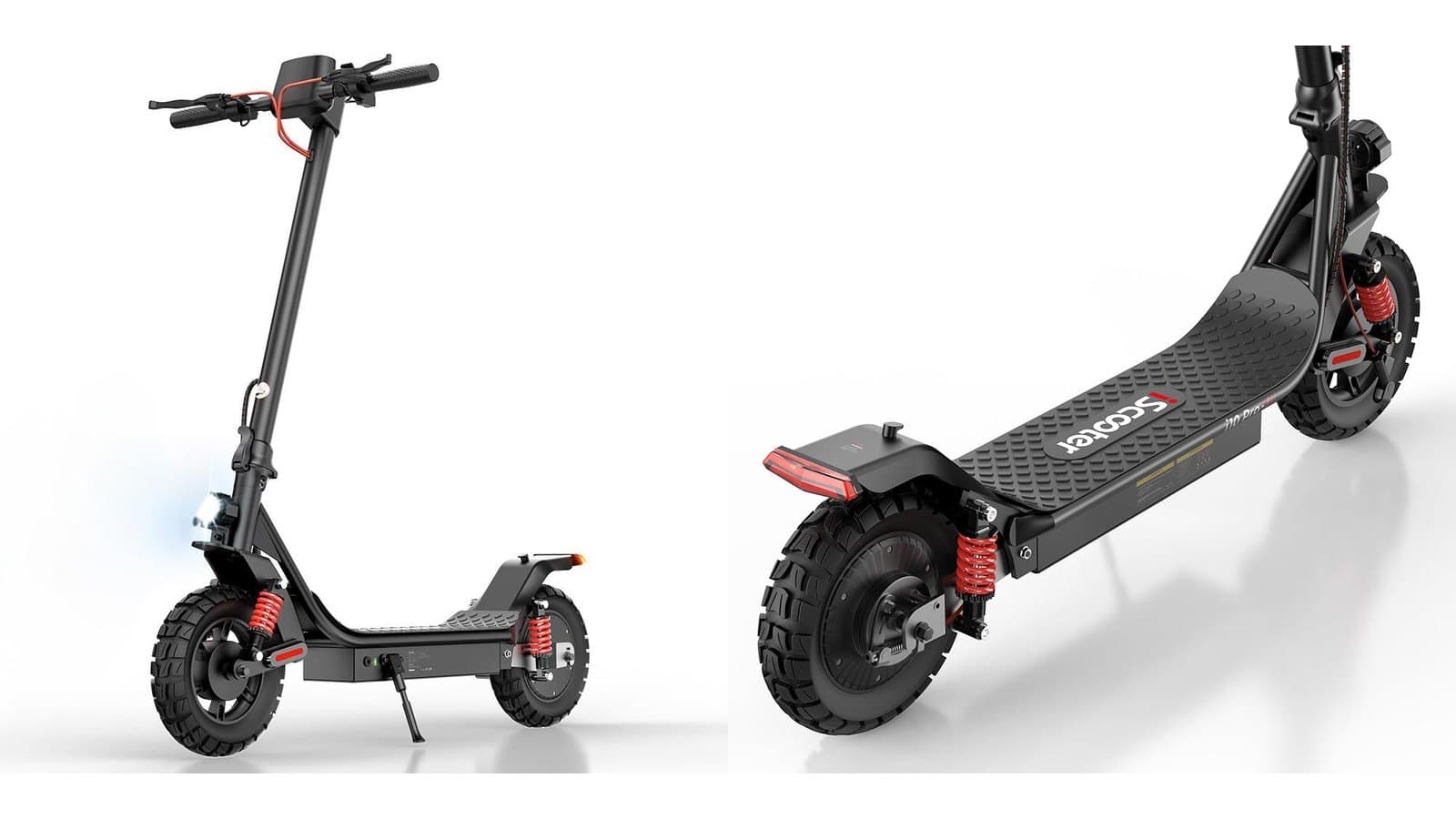 Az iScooter i10 Pro két elektromos roller fotón: oldalról és elölről, rugós lengéscsillapítókkal