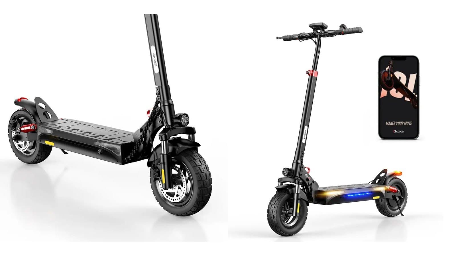 Az iScooter iX3 terepes elektromos roller két fotón: oldalról és elölről