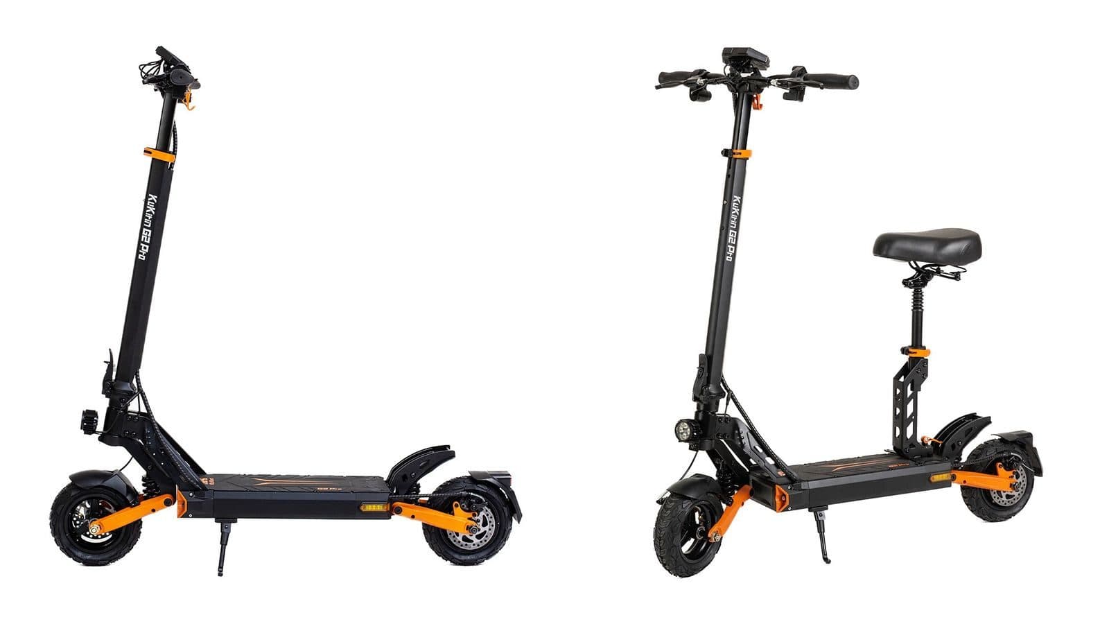 A KuKirin G2 Pro elektromos roller oldalról és ferdén elölről, felszerelt üléssel
