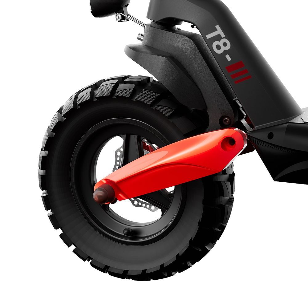Az iHoverboard T8 elülső kereke terepmintás gumival és piros lengőkarral