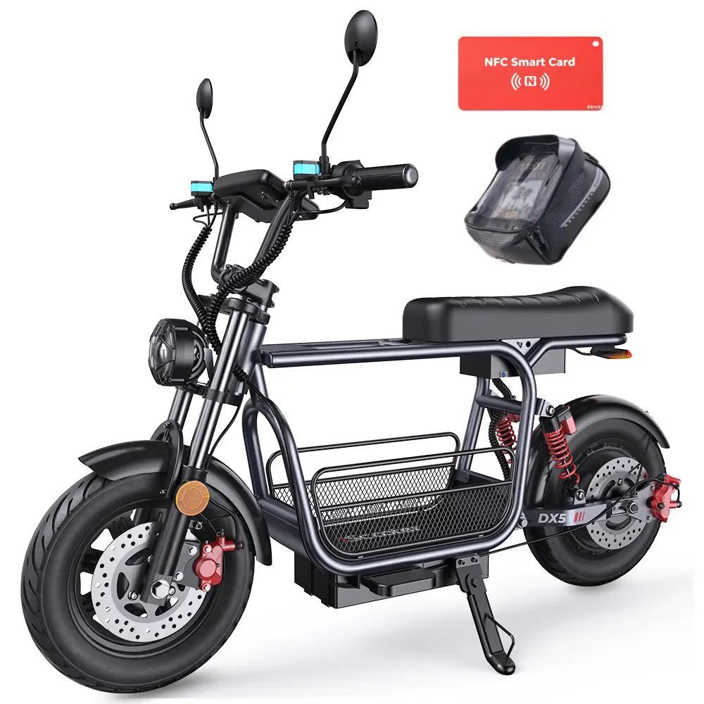 Az iScooter DX5 ülős elektromos jármű oldalról, kosárral és tükrökkel