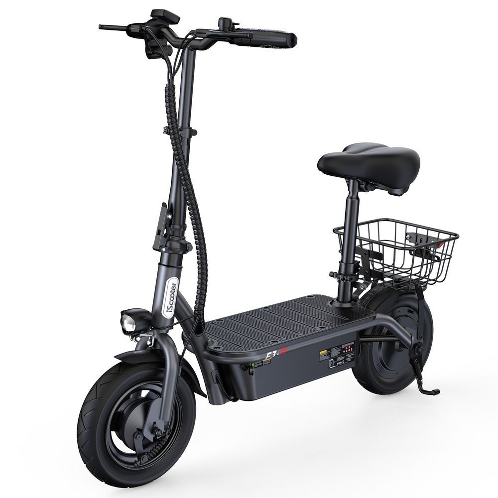 Az iScooter F3 ülős elektromos roller elölről, kosárral