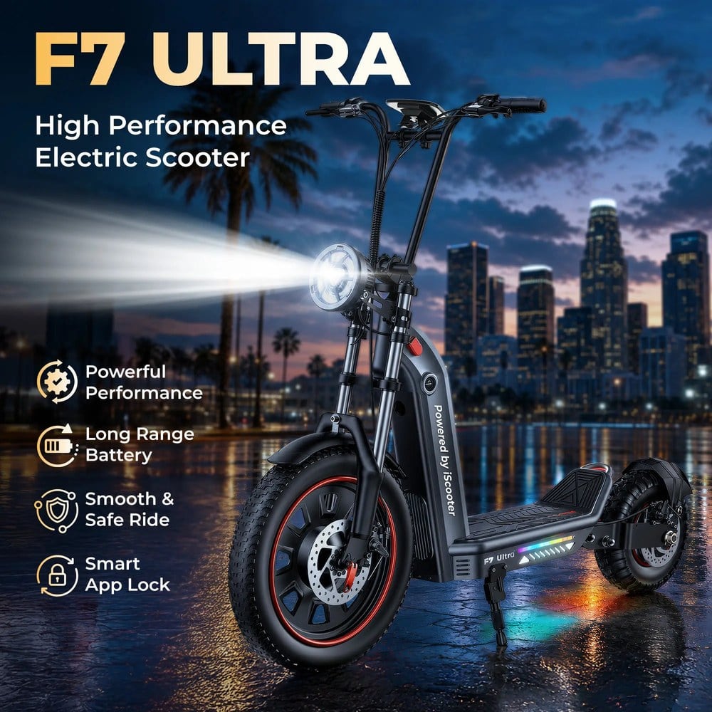 Az iScooter F7 Ultra terepes elektromos roller elölről, a gyártó összefoglaló képe