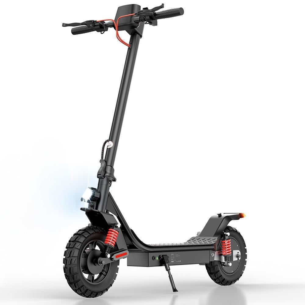 Az iScooter i10 Pro elektromos roller elölről, piros rugós lengéscsillapítókkal